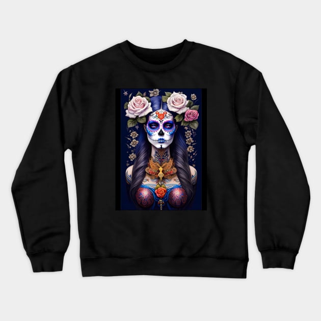 Sugar Skull Art - Woman in Colorful Sugar Skull Makeup Crewneck Sweatshirt by ImaginativeInkPOD